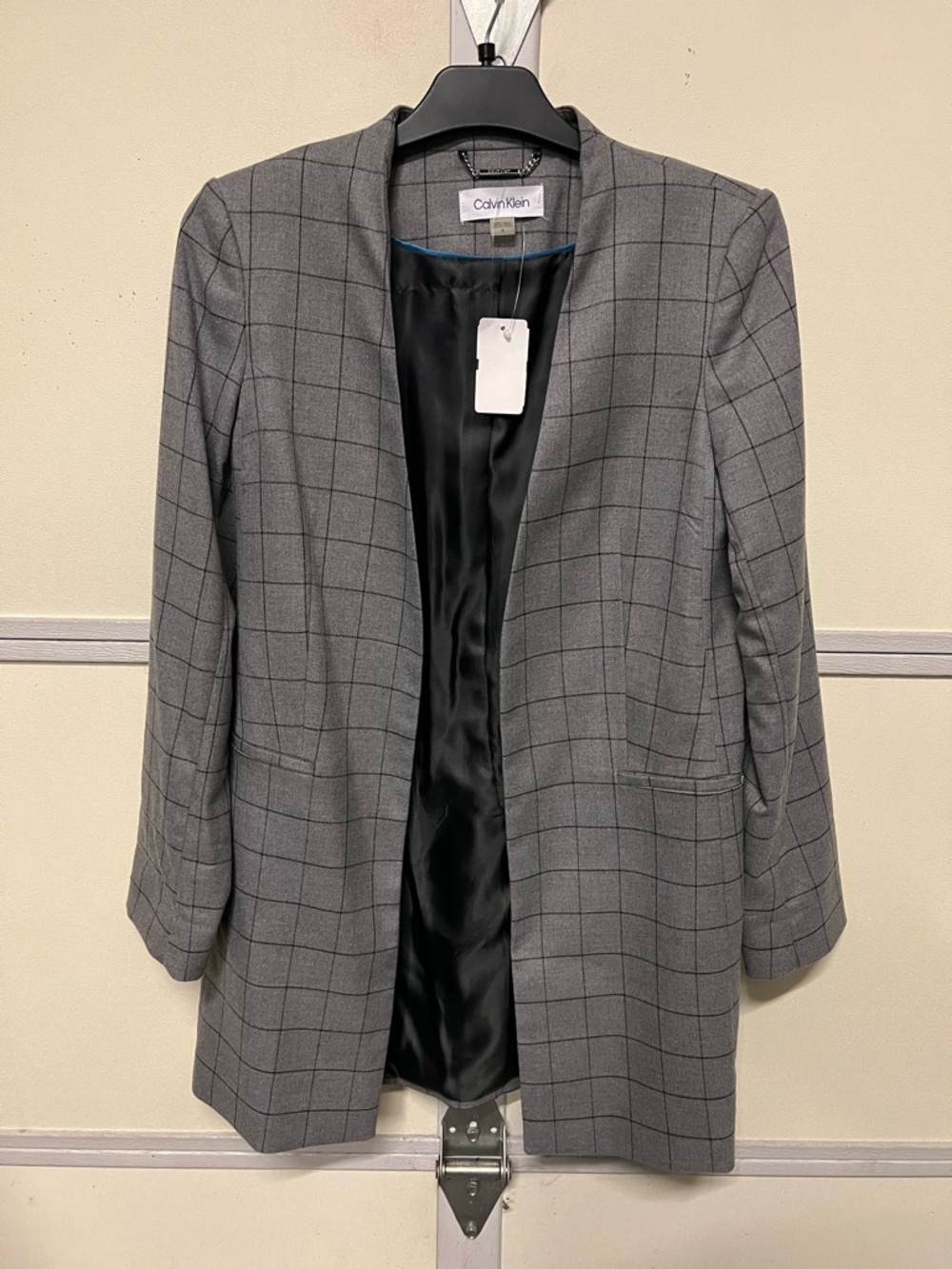 Calvin Klein Gray Windowpane Collarless Open-Front Blazer
